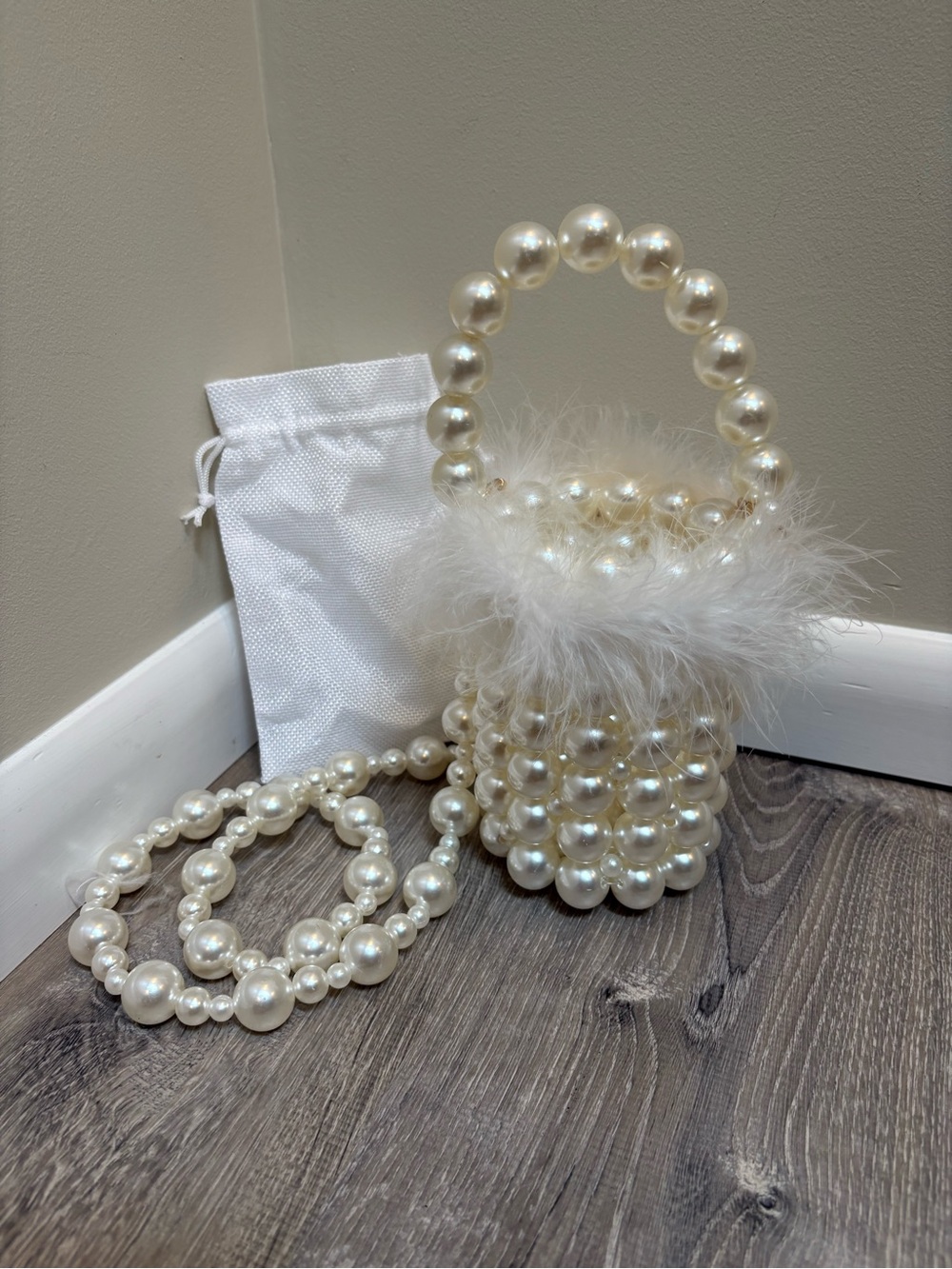 Faux Pearl Mini New Faux Fur Trim Bucket Handbag Two in One